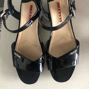 Prada Sport Black Patent Wedge Sandals